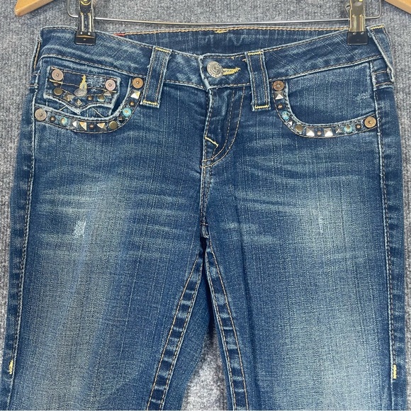 True Religion Women’s 26 Becky Low Rise Bootcut Distressed Studded Blue Jeans - Picture 4 of 12